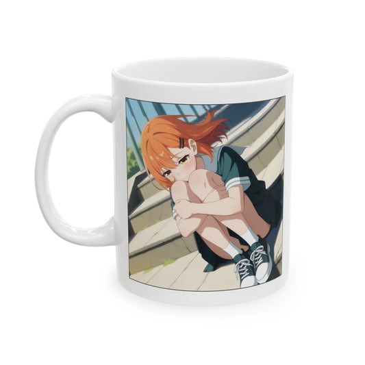 Sad anime girl mug showing a detailed, emotional illustration of a wind-blown schoolgirl sitting alone on outdoor steps. She hugs her knees with a quiet, pensive expression, her orange hair tousled, posture gentle and reflective. The art captures a feeling of stillness and emotional overwhelm. Perfect for slice-of-life anime fans or anyone who resonates with soft sadness and introspective moments.