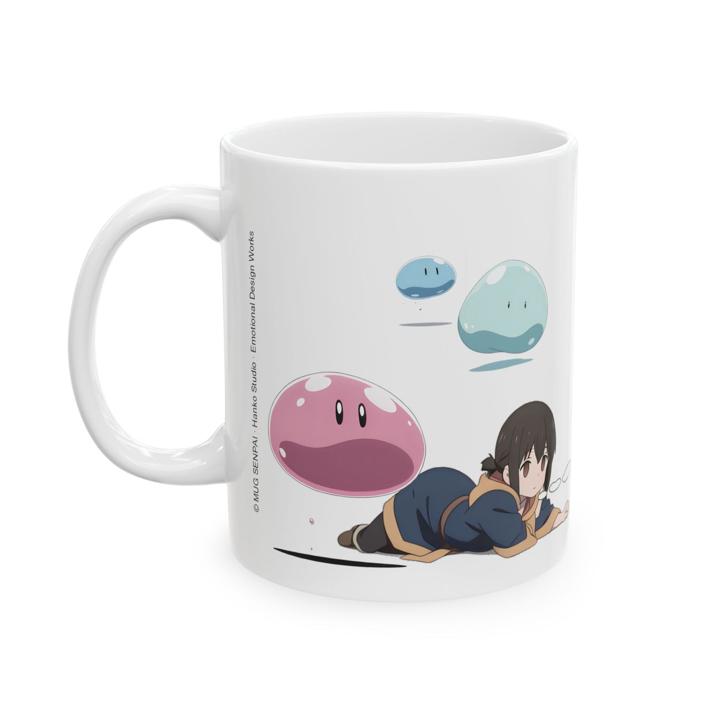 Slime anime girl mug with a 360° wrap design showing a comedic fantasy chase. A brown-haired adventurer girl runs as blue and pink slimes bounce behind her in bright anime art style. The scene parodies the classic slime trope in a funny, wholesome way — clean shading, vivid motion lines, and cozy humor that make it perfect for anime lovers and parody fans.