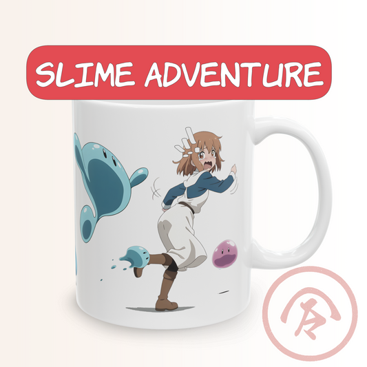Slime anime girl mug featuring a comedic fantasy chase scene. A brown-haired adventurer girl runs in panic as blue and pink slimes bounce after her, splashing playfully. The art style is clean, colorful, and anime-inspired with bright shading and motion lines. The scene teases the classic “slime encounter” trope but stays wholesome and funny — a cute parody moment wrapped around the mug.