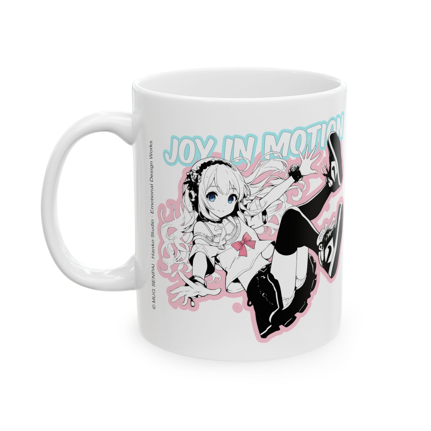 Soft anime girl mug featuring a pastel black-and-white anime character mid-motion with flowing hair, dynamic pose, and sneakers kicking upward. The background reads “Joy in Motion” in blue and pink bubble text, capturing a bright, kinetic energy. This kawaii mug design blends bold manga lines with soft pastels for an uplifting, energetic vibe — perfect for otaku and cozy collectors alike.