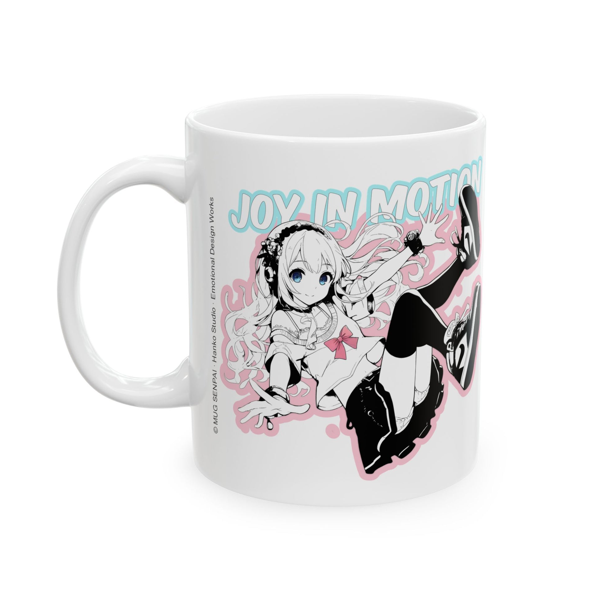 Soft anime girl mug featuring a pastel black-and-white anime character mid-motion with flowing hair, dynamic pose, and sneakers kicking upward. The background reads “Joy in Motion” in blue and pink bubble text, capturing a bright, kinetic energy. This kawaii mug design blends bold manga lines with soft pastels for an uplifting, energetic vibe — perfect for otaku and cozy collectors alike.