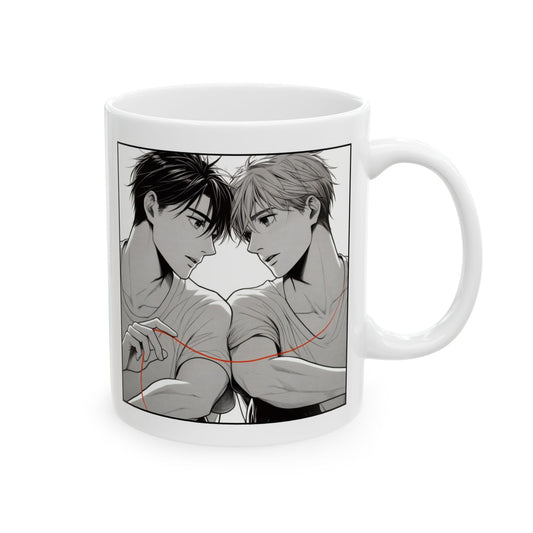 Soulmate BL mug showing two boys gently touching hands with a red string of fate connecting them — an emotional grayscale manga-style design perfect for yaoi fans.