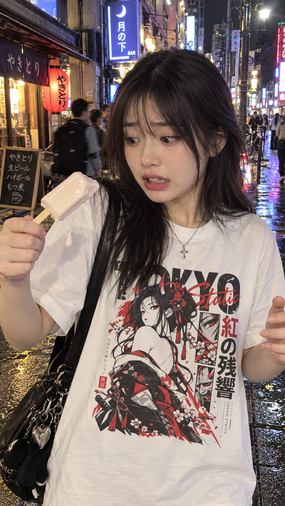 Young woman wearing a white Tokyo Static anime graphic T-shirt on a neon-lit city street, holding a popsicle as it starts slipping off the stick.