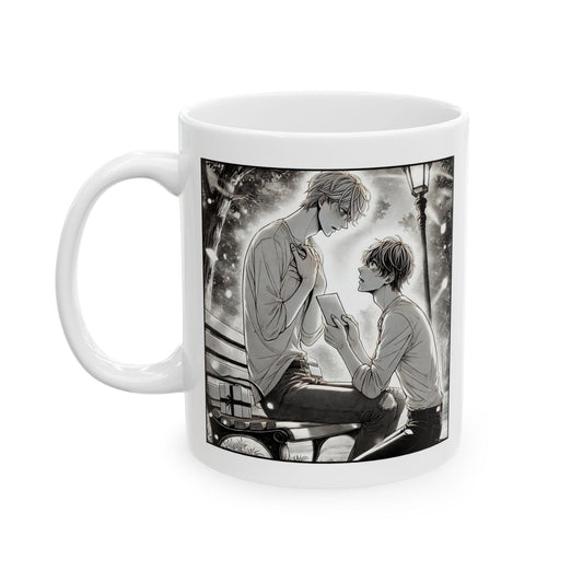 Yaoi BL mug showing two boys in a soft grayscale manga scene, sharing a tender moment on a park bench under lamplight. A romantic and heartfelt design for fans of Boys Love and emotional storytelling.
