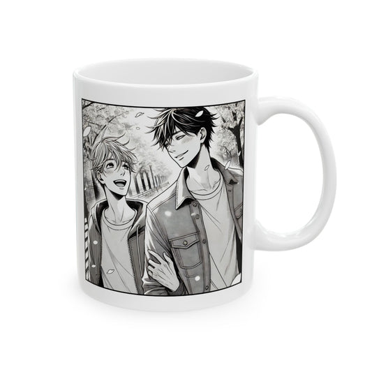 Yaoi manga mug featuring two smiling boys walking under cherry blossoms in a soft grayscale illustration — perfect for BL and slice-of-life lovers.